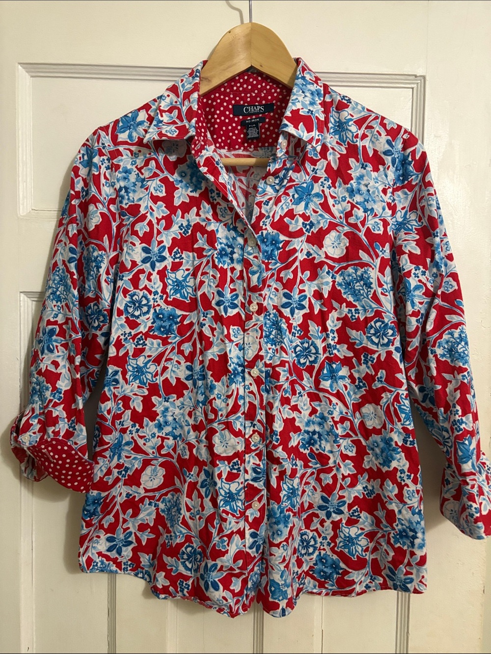 Chaps Red and Blue Floral Roll-Tab Shirt